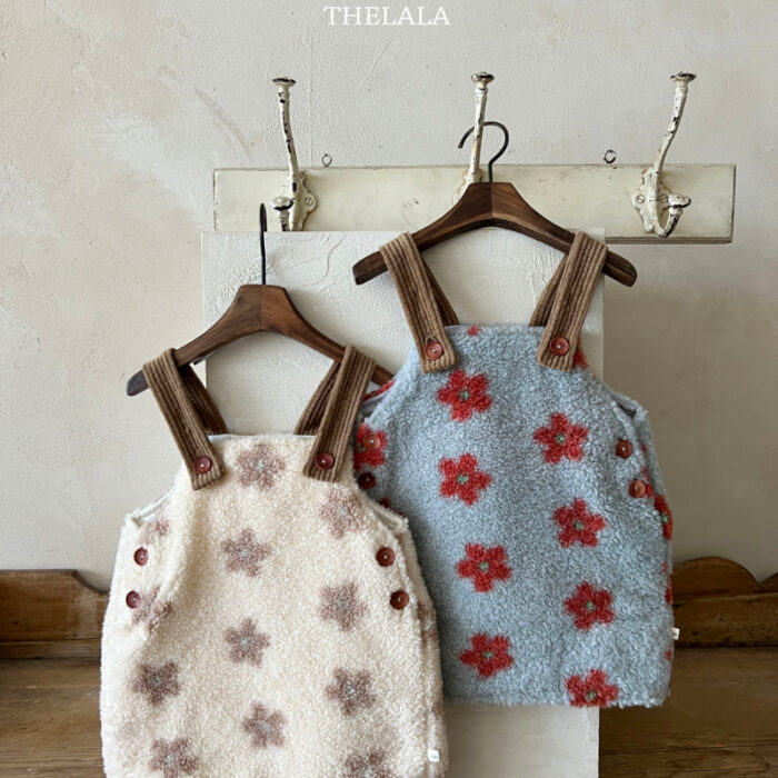 正韓冬季1~6y - 花花毛毛燈心絨吊帶洋裝 / 二色