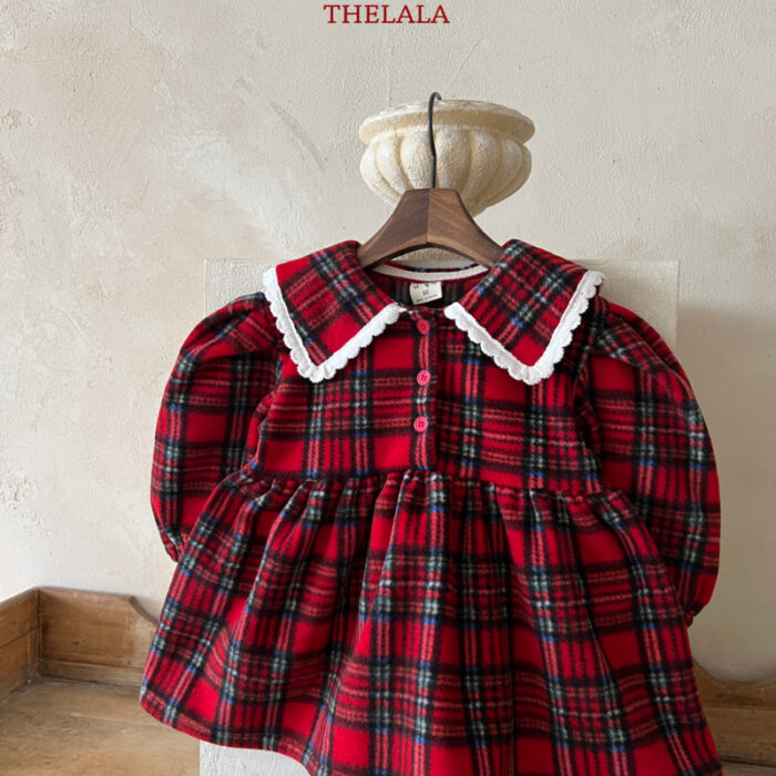 正韓冬季1~6y - 聖誕格紋蕾絲洋裝