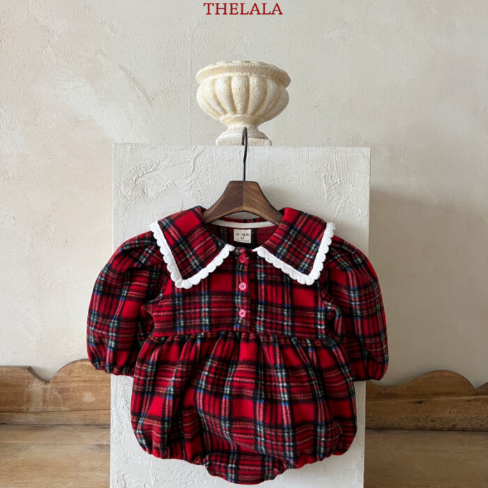 正韓冬季0~18m - 聖誕格紋蕾絲包屁衣