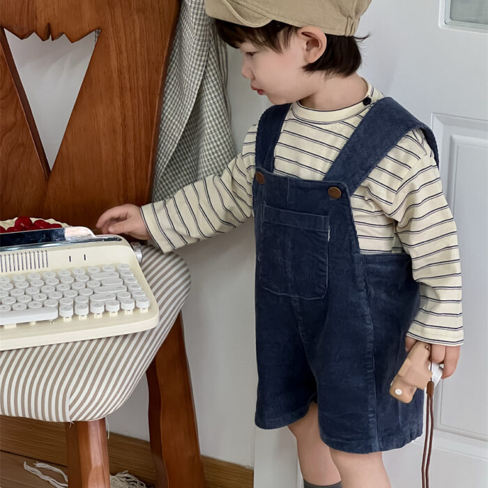 韓版秋季73~100cm - 燈心絨條紋背帶褲套裝(上衣+褲子)