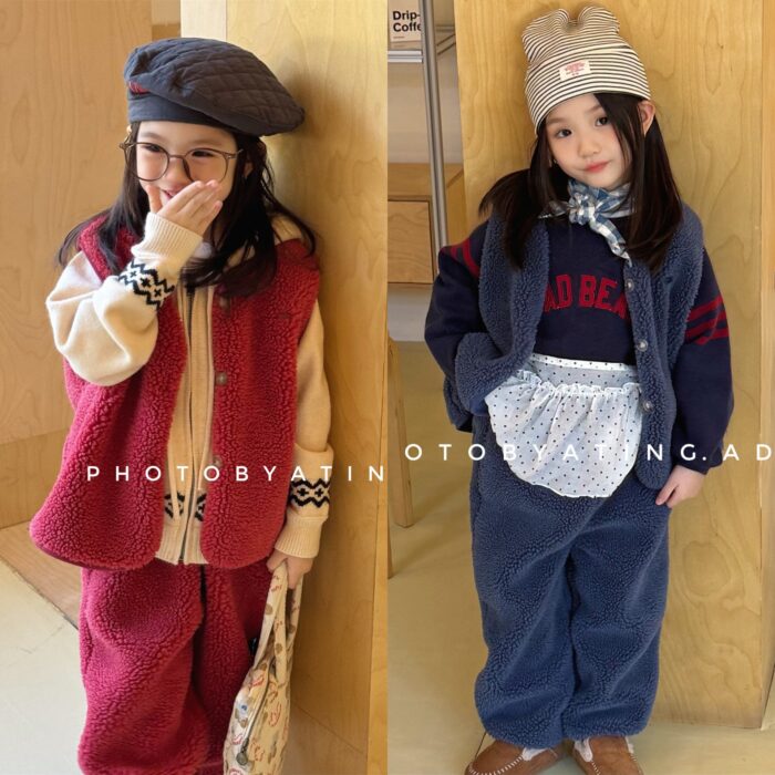 韓版冬季80~130cm - 羊羔絨運動套裝(背心+褲子) / 二色