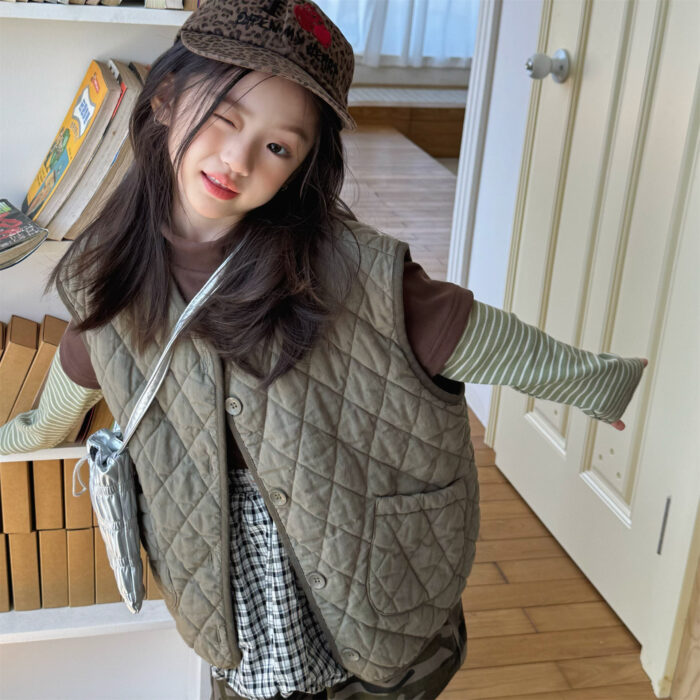 韓版冬季80~130cm - 英文印花絎縫背心 / 三色