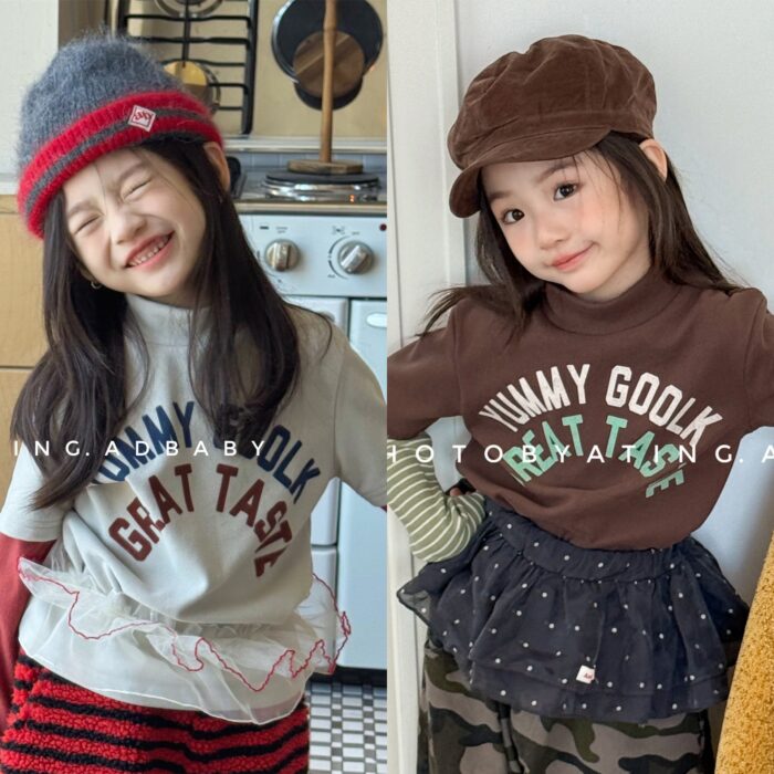 韓版冬季80~130cm - 假兩件式高領磨毛上衣 / 二色