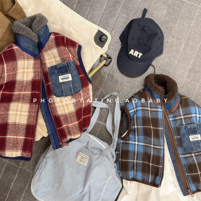 韓版冬季80~130cm - 加絨格紋背心 / 二色