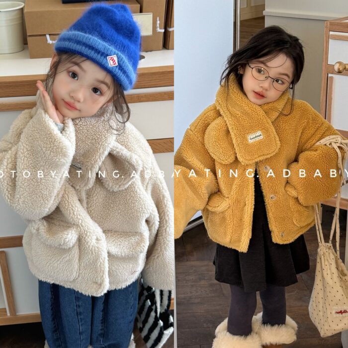 韓版冬季80~130cm - 羊羔絨外套+圍巾 / 二色