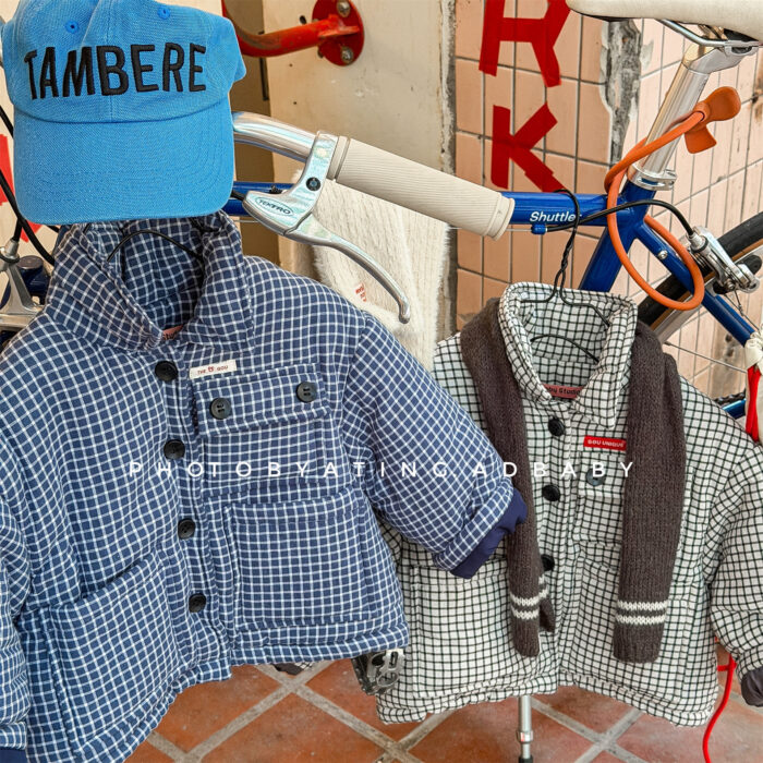 韓版冬季80~130cm - 格紋麵包加絨外套 / 二色