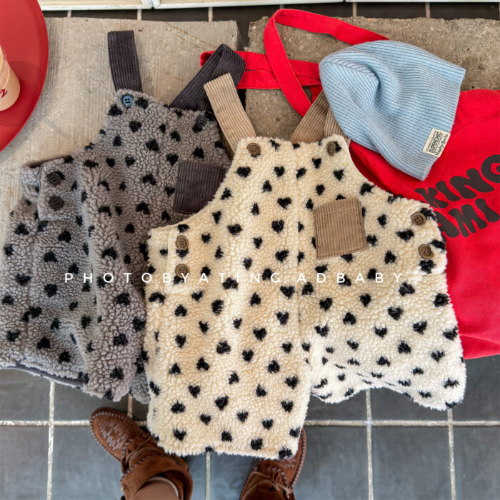 韓版冬季80~130cm - 愛心羊羔燈心絨吊帶褲 / 二色