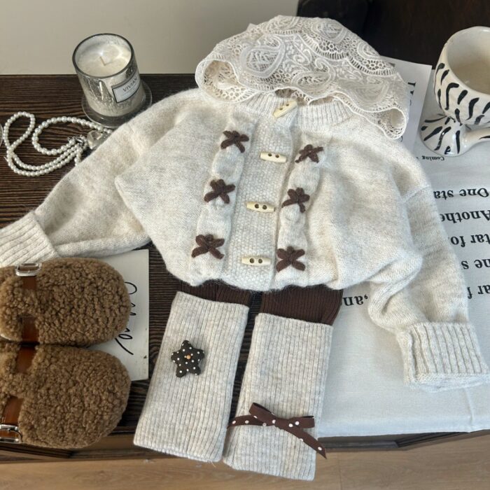 韓版秋冬80~150cm - 蕾絲連帽毛衣外套 / 打底褲