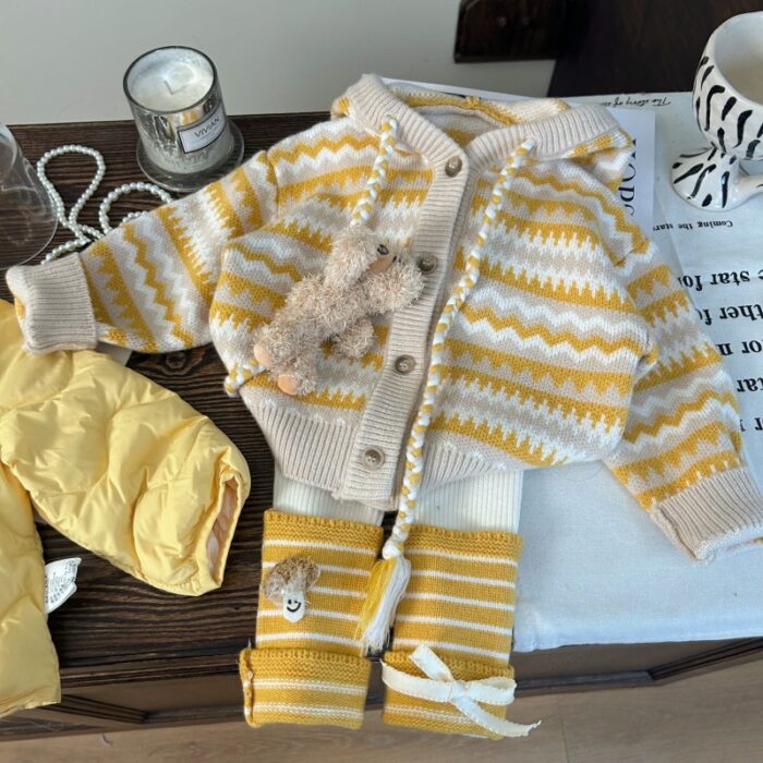 韓版秋冬80~150cm - 黃色針織條紋連帽外套 / 打底褲