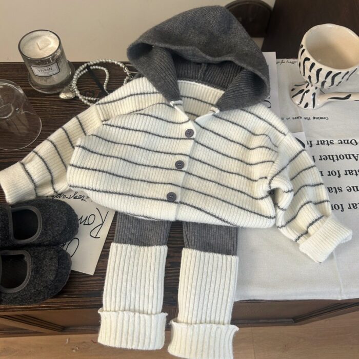 韓版秋冬80~150cm - 灰色橫條連毛衫 / 打底褲