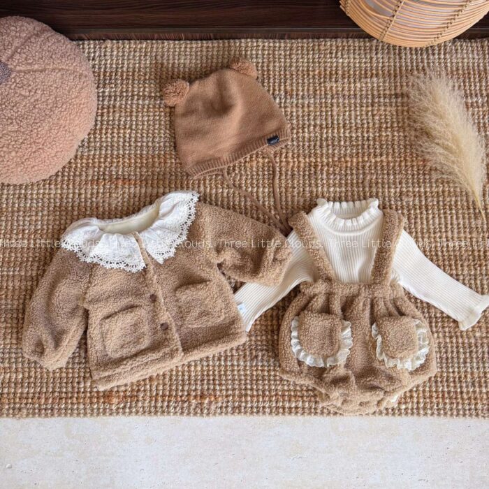 韓版冬季73~100cm - 蕾絲毛毛吊帶包屁褲套裝(外套+下褲)/打底衣