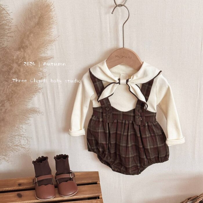 韓版秋季66~100cm - 格子吊帶包屁褲套裝(上衣+吊帶褲)