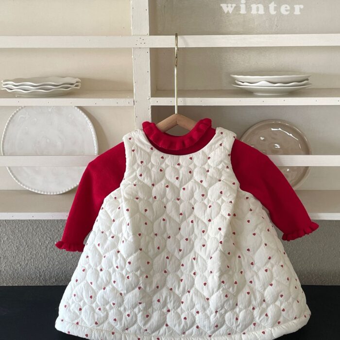 韓版冬季73~100cm - 聖誕 紅色愛心絎縫洋裝 / 打底衣