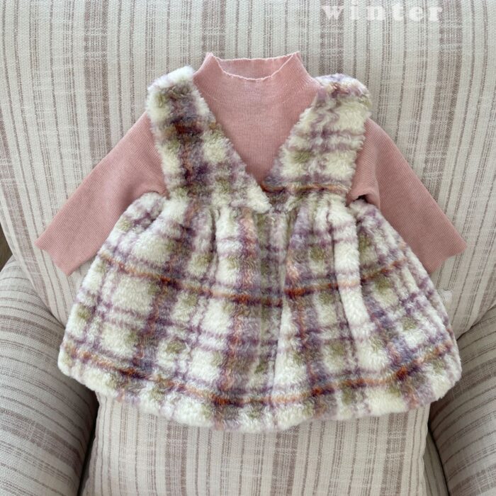韓版冬季73~100cm - 毛絨格紋洋裝 / 打底衣