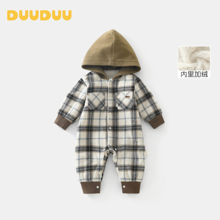 韓版冬季66~100cm - 格紋連帽加絨保暖連身衣