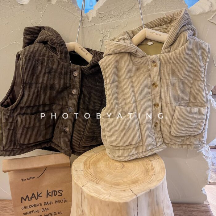 韓版冬季80~130cm - 燈心絨夾棉連帽背心 / 二色