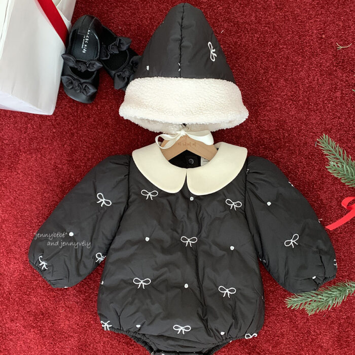 韓版冬季66~90cm - 加絨加厚蝴蝶結包屁衣+帽子