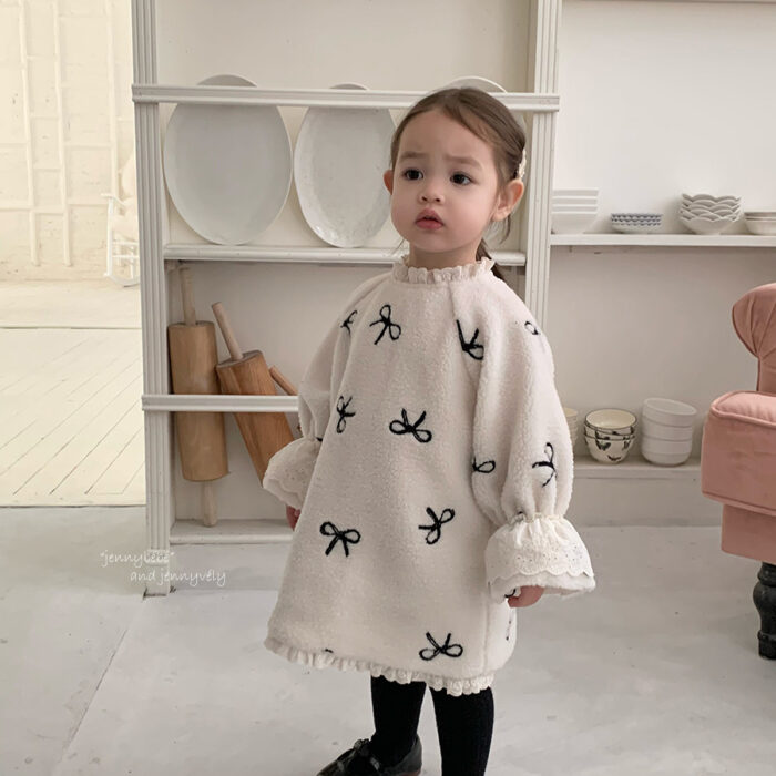 韓版冬季80~110cm - 蝴蝶結蕾絲可愛羊羔洋裝