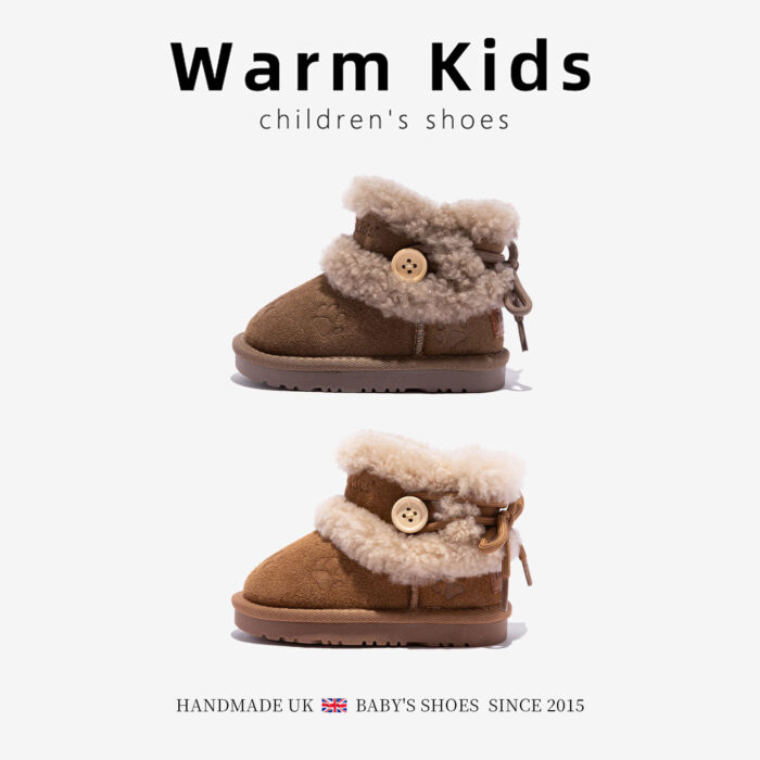 13~17.2cm - 雪地加絨加厚鈕扣真皮羊毛棉靴 / 二色