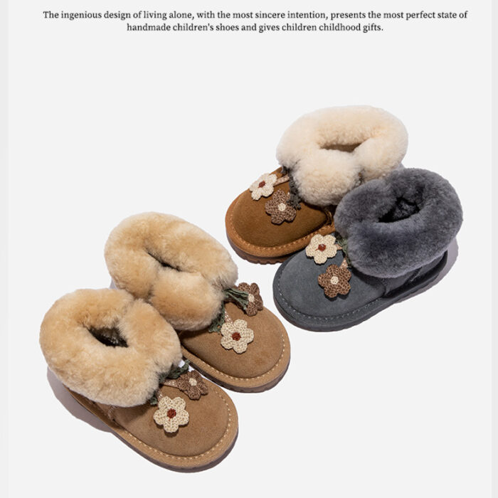 11.5~18.7cm - 小花花真皮羊毛保暖棉靴 / 三色