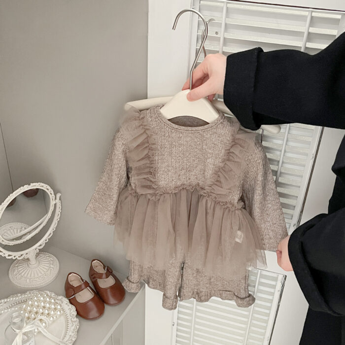 韓版秋季 73~110cm - 法式網紗拼接套裝(上衣+下褲)