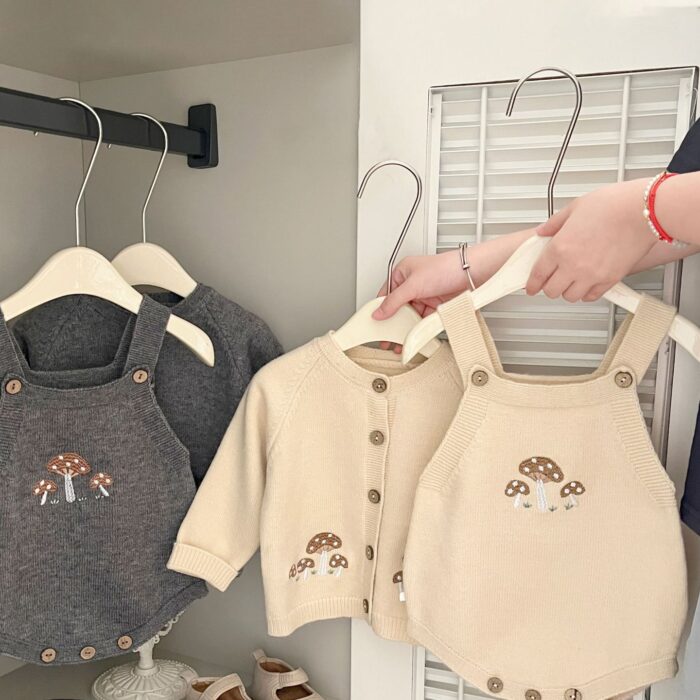 韓版秋季 66~100cm - 蘑菇針織衫背帶包屁褲/二色