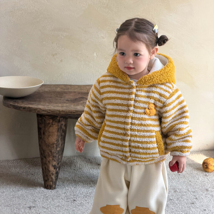 韓版冬季73~100cm - 加絨條紋羊羔外套/小鴨鴨運動褲