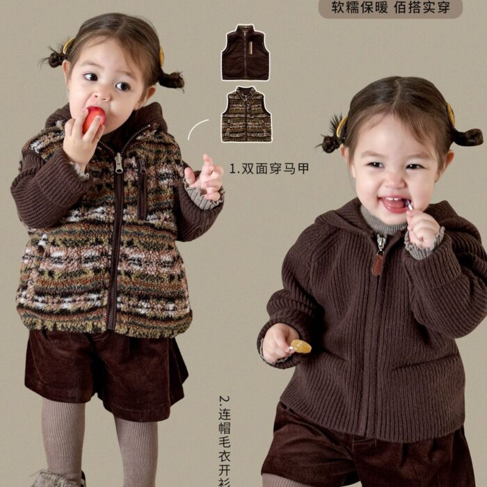韓版冬季73~100cm - 雙面羊羔背心 / 連帽針織外套 / 燈芯絨褲